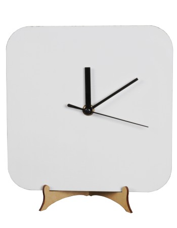 Reloj cuadrado Madera Cristal sub. 20x20cm c/soporte y caja
