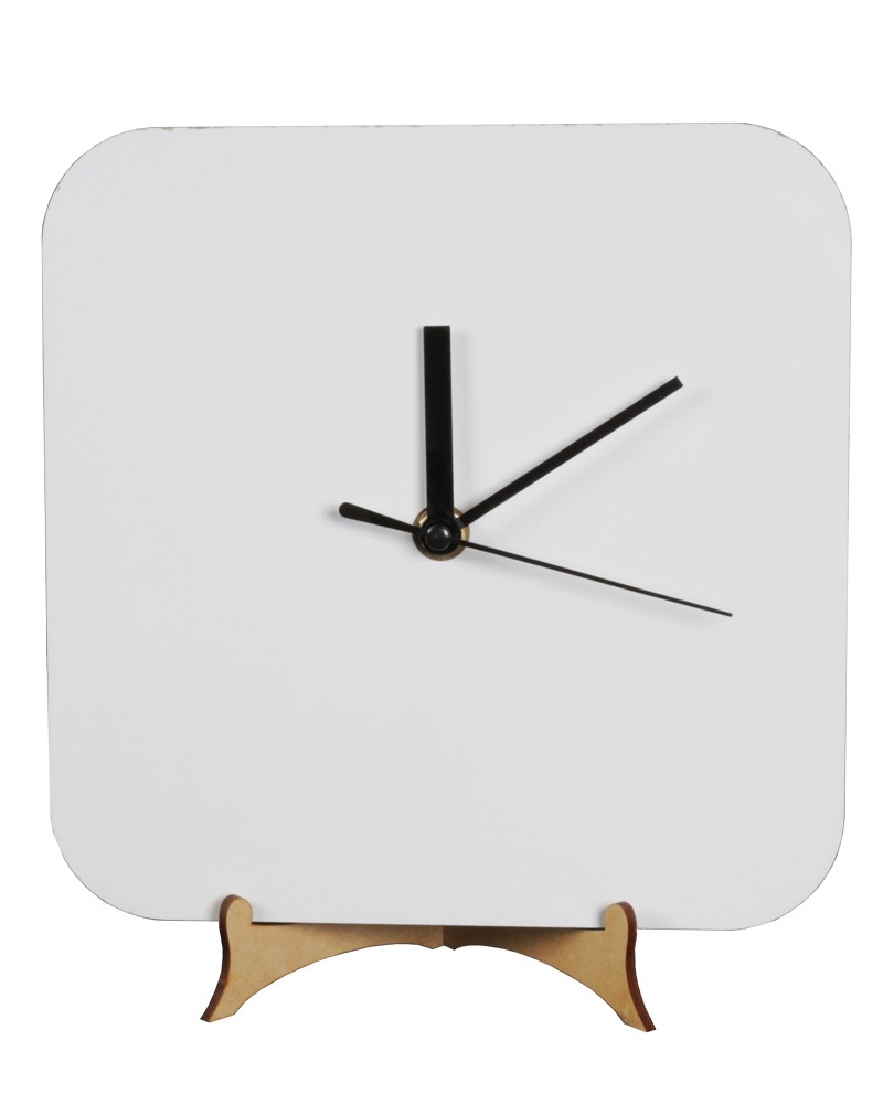Reloj cuadrado Madera Cristal sub. 20x20cm c/soporte y caja